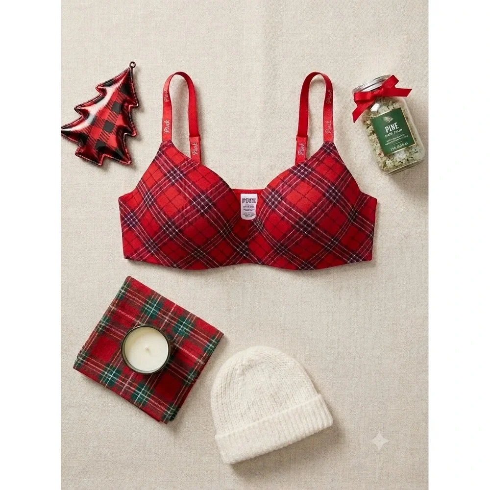 Victoria's Secret PINK Wear Everywhere Wireless Bra Red Plaid 38D Lightly Lined